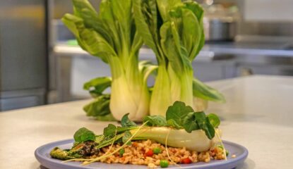 Arroz tres delicias con pak choi